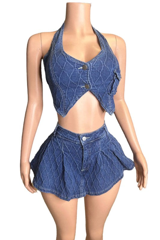 TURNIN' HEADS DENIM TWO PIECE SHORT SET