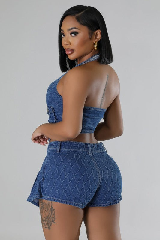 TURNIN' HEADS DENIM TWO PIECE SHORT SET