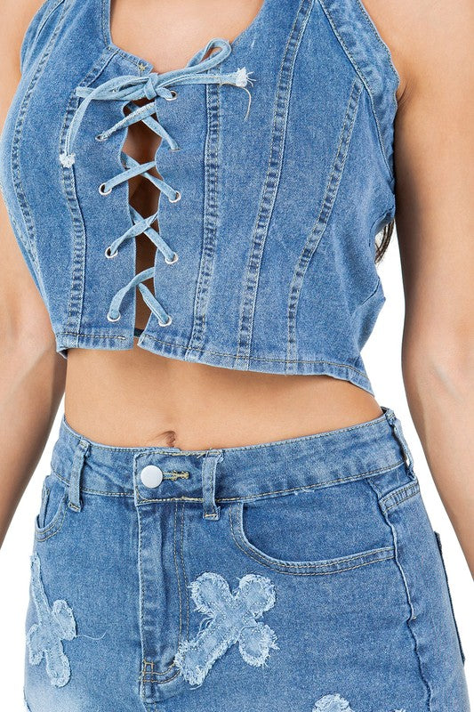 DENIM HALTER TWO PIECE MINI SKIRT SET