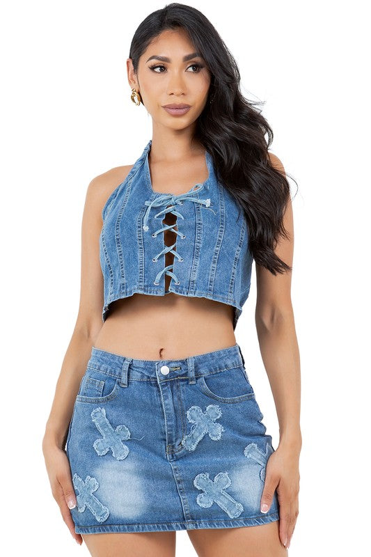 DENIM HALTER TWO PIECE MINI SKIRT SET