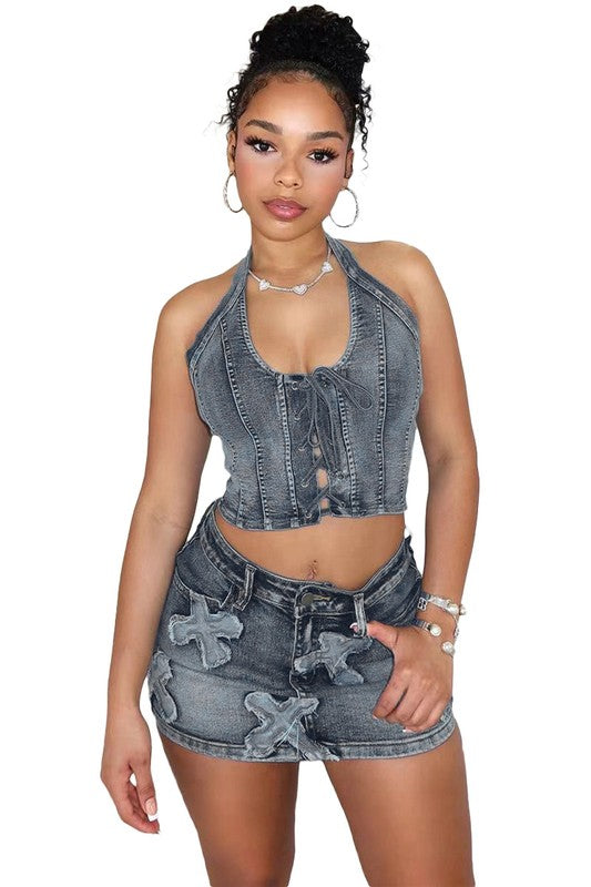 DENIM HALTER TWO PIECE MINI SKIRT SET