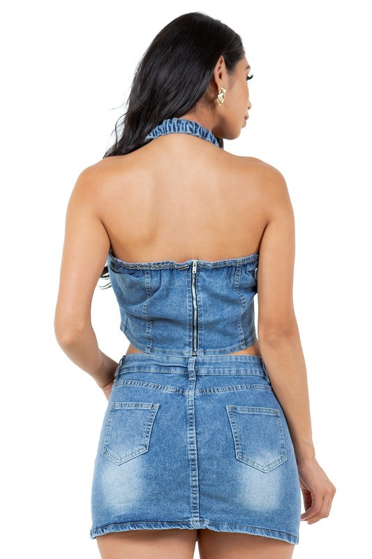 DENIM HALTER TWO PIECE MINI SKIRT SET