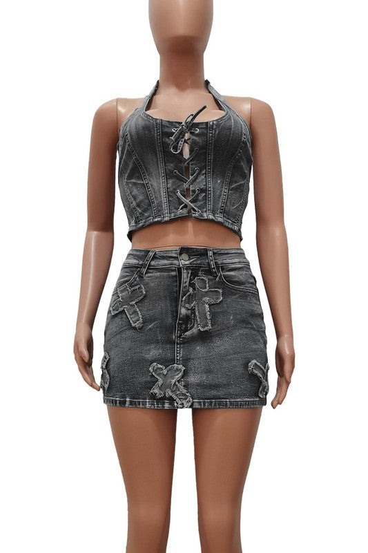 DENIM HALTER TWO PIECE MINI SKIRT SET