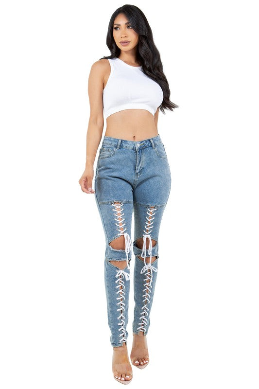 LACED AND CURVY STYLE DENIM PANTS