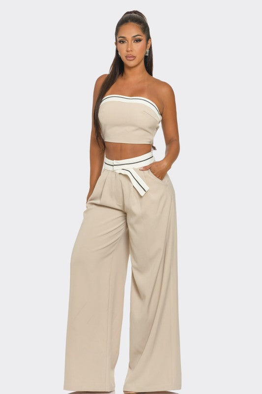 Contrast-Trim Tube Top and Wide-Leg Pants Set