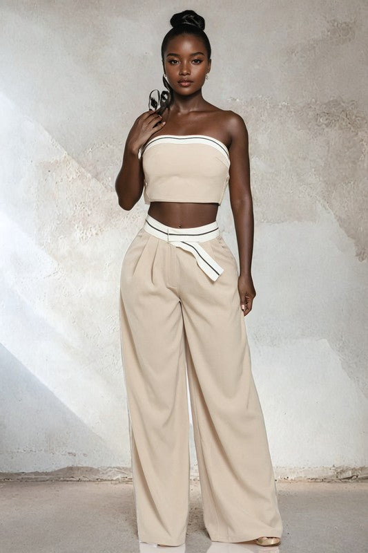 Contrast-Trim Tube Top and Wide-Leg Pants Set