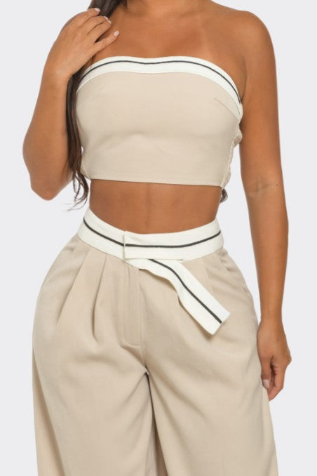 Contrast-Trim Tube Top and Wide-Leg Pants Set