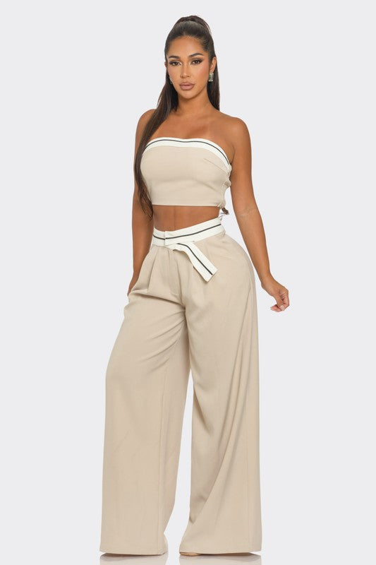 Contrast-Trim Tube Top and Wide-Leg Pants Set