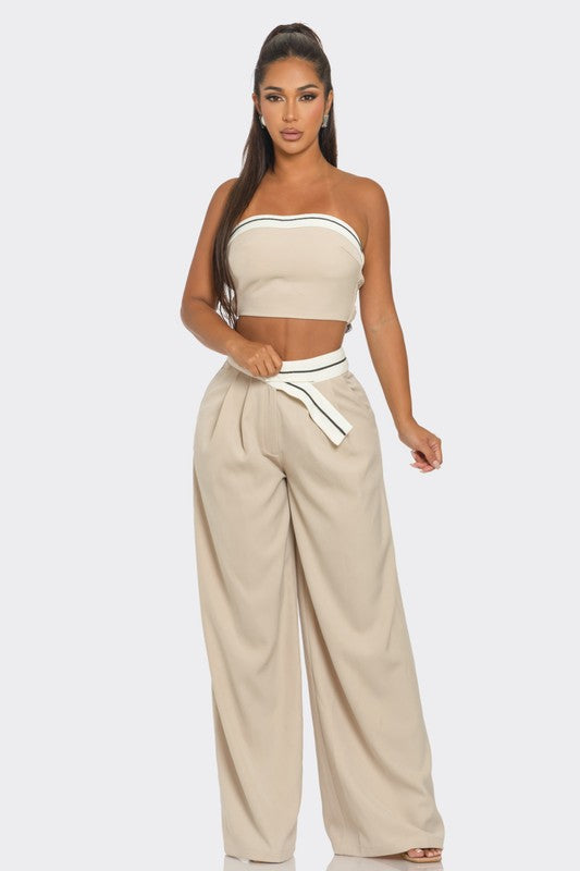 Contrast-Trim Tube Top and Wide-Leg Pants Set