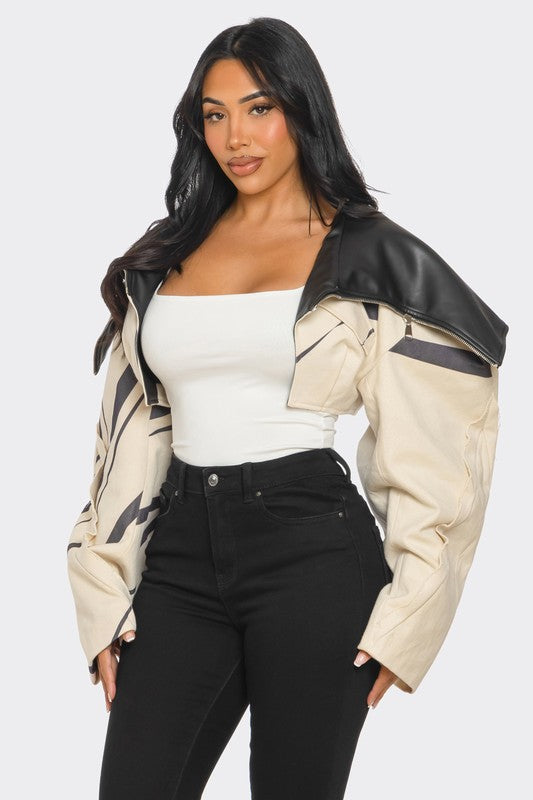 Two-Tone Puff Sleeve Bomber Jacket