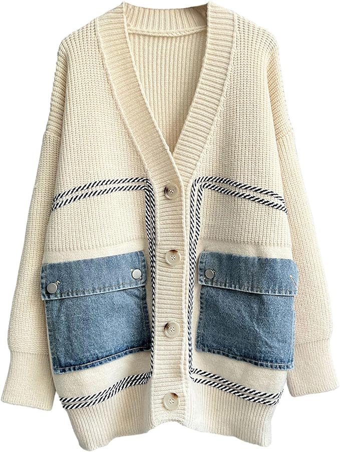 Denim Pockets Knit Cardigan Slouchy Sweater