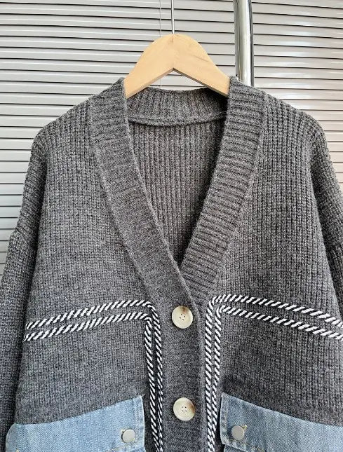 Denim Pockets Knit Cardigan Slouchy Sweater