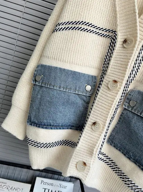 Denim Pockets Knit Cardigan Slouchy Sweater