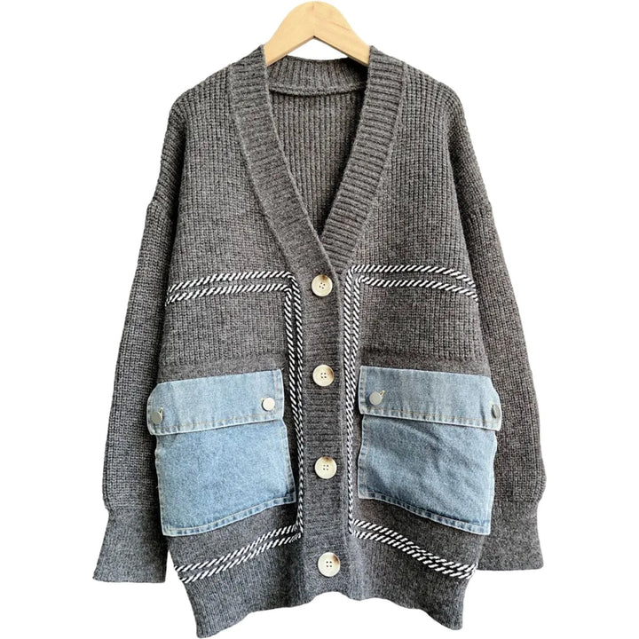 Denim Pockets Knit Cardigan Slouchy Sweater