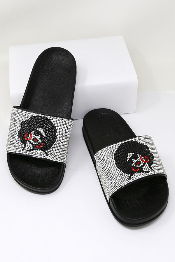 Afro Girl Rhinestone Embelished Slides